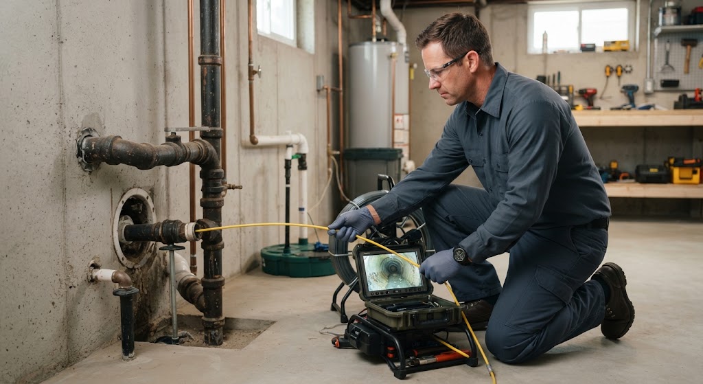 NJ Leak Detection technician using pipe inspection camera equipment in a Berkeley Township home