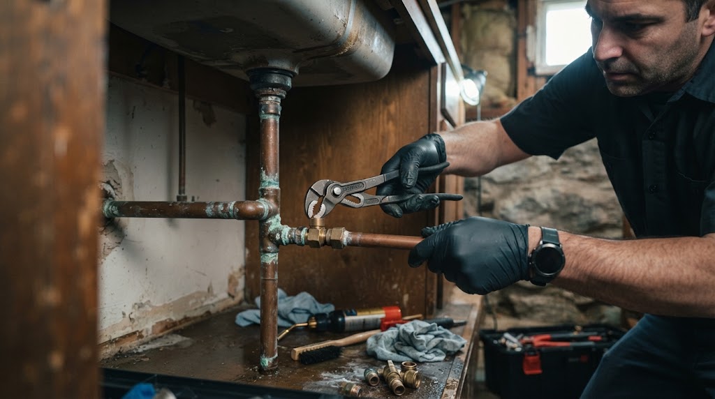 Plumber repairing corroded copper pipe fittings under a sink with wrenches