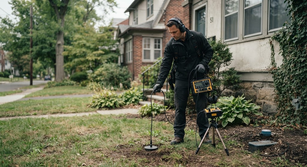 Technician scanning residential lawn with acoustic ground sensor and equipment on tripod to find broken sprinkler line