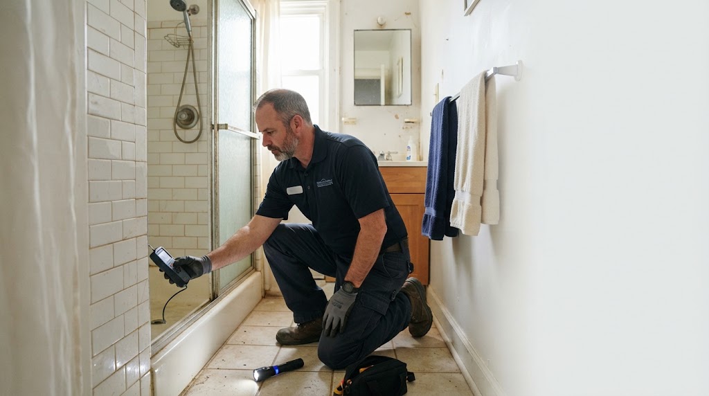 Technician inspecting shower base with inspection camera for hidden leak