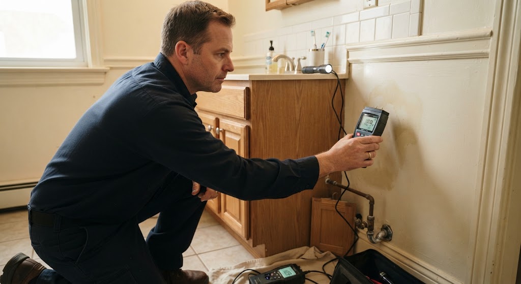Specialist pressing moisture meter against bathroom cabinet wall to locate hidden leak