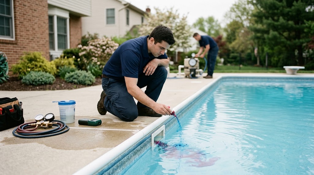 Pool leak detection technician performing dye test at pool skimmer in a Berkeley Township backyard