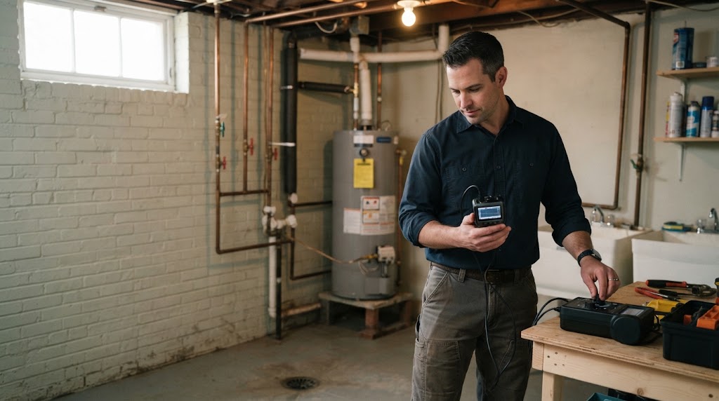 NJ Leak Detection technician with acoustic device reviewing results in a Berkeley Township home