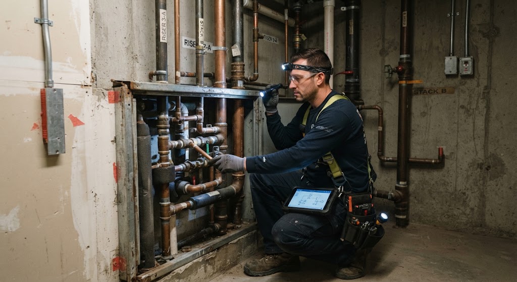 NJ Leak Detection technician inspecting a complex plumbing system with headlamp and tablet