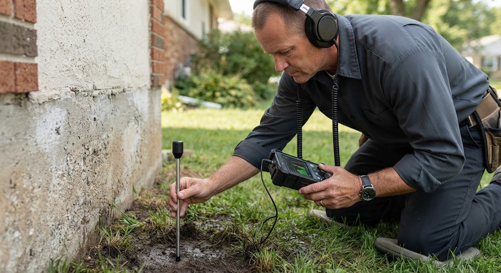 Technician using acoustic ground probe to detect an underground sprinkler line leak in a residential yard