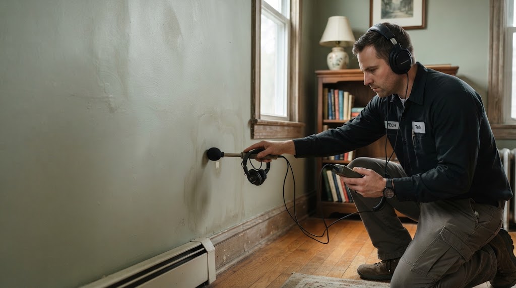 Specialist using acoustic wall probe to listen for hidden pipe leak